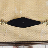 Old armrest ashtray with fleur-de-lis design in leather and brass.