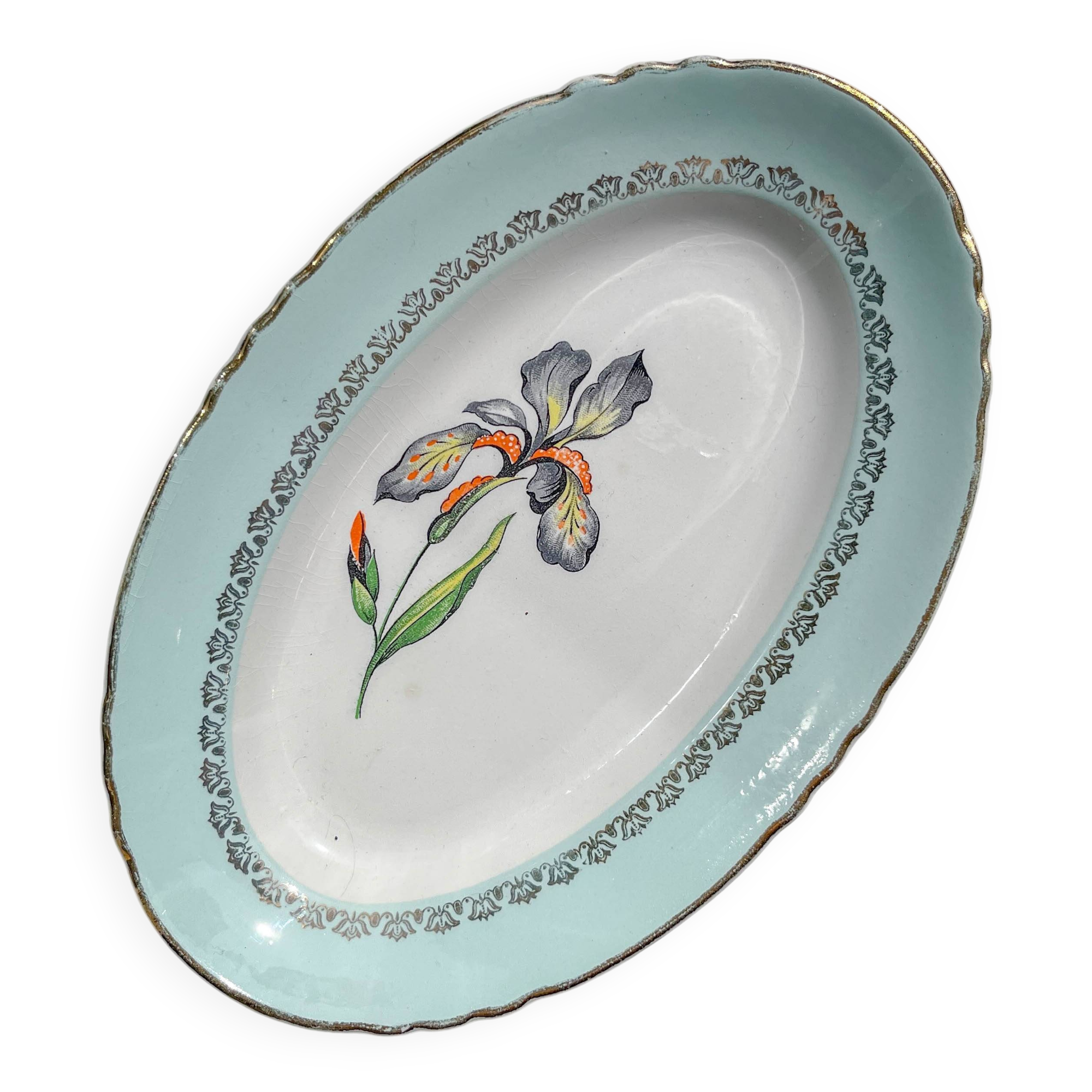 Vintage white and green porcelain dish Iris Moulin des Loups "Sargosse" 1950s