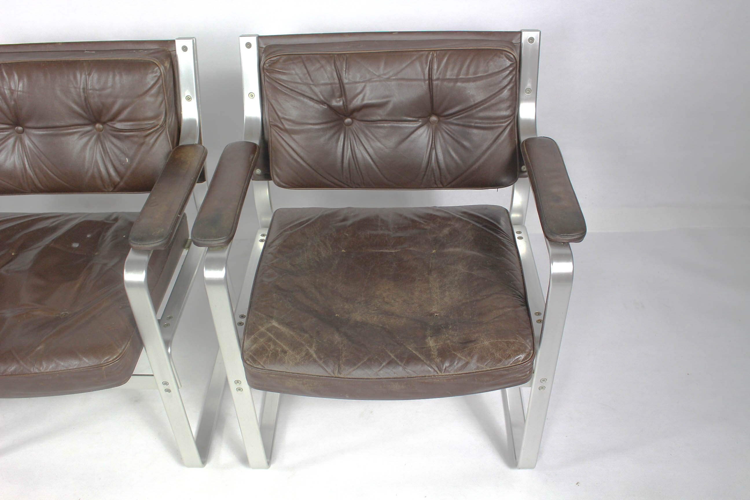 Swedish Mid Century Leather And Aluminum Armchairs By Karl Erik Ekselius For Joc Vetlanda, Set Of 4