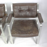 Swedish Mid Century Leather And Aluminum Armchairs By Karl Erik Ekselius For Joc Vetlanda, Set Of 4