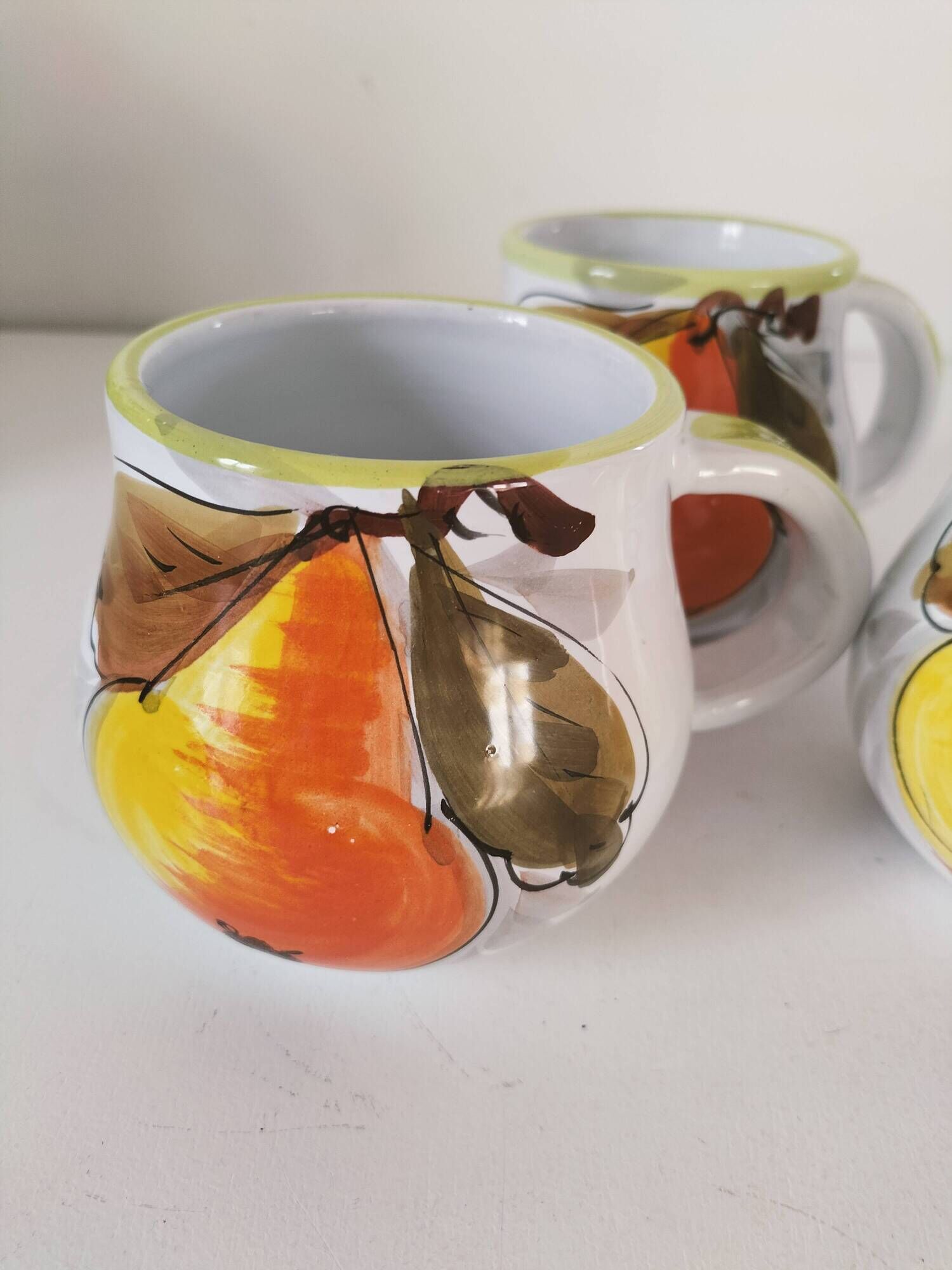 Trio of vintage Italian earthenware mugs, hand-painted – pear motif