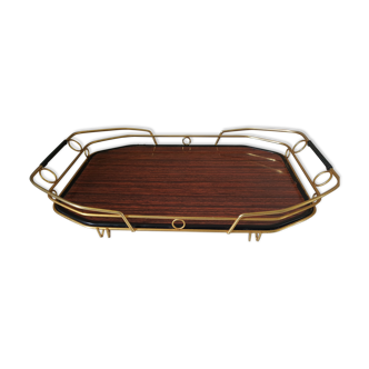 Old service tray in marquetry and gilded metal