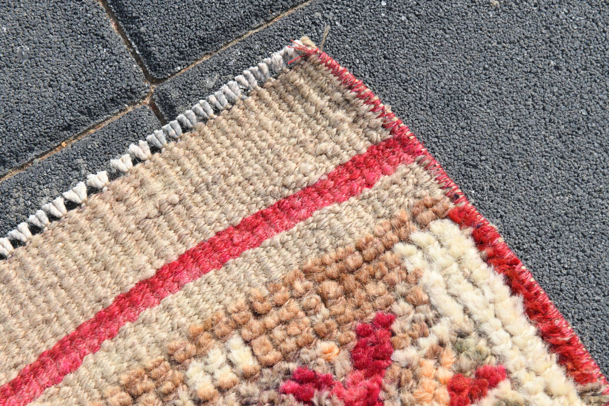 Tapis de Couloir Turc Vintage, Laine Rouge & Beige Géométrique, 83x388 Cm