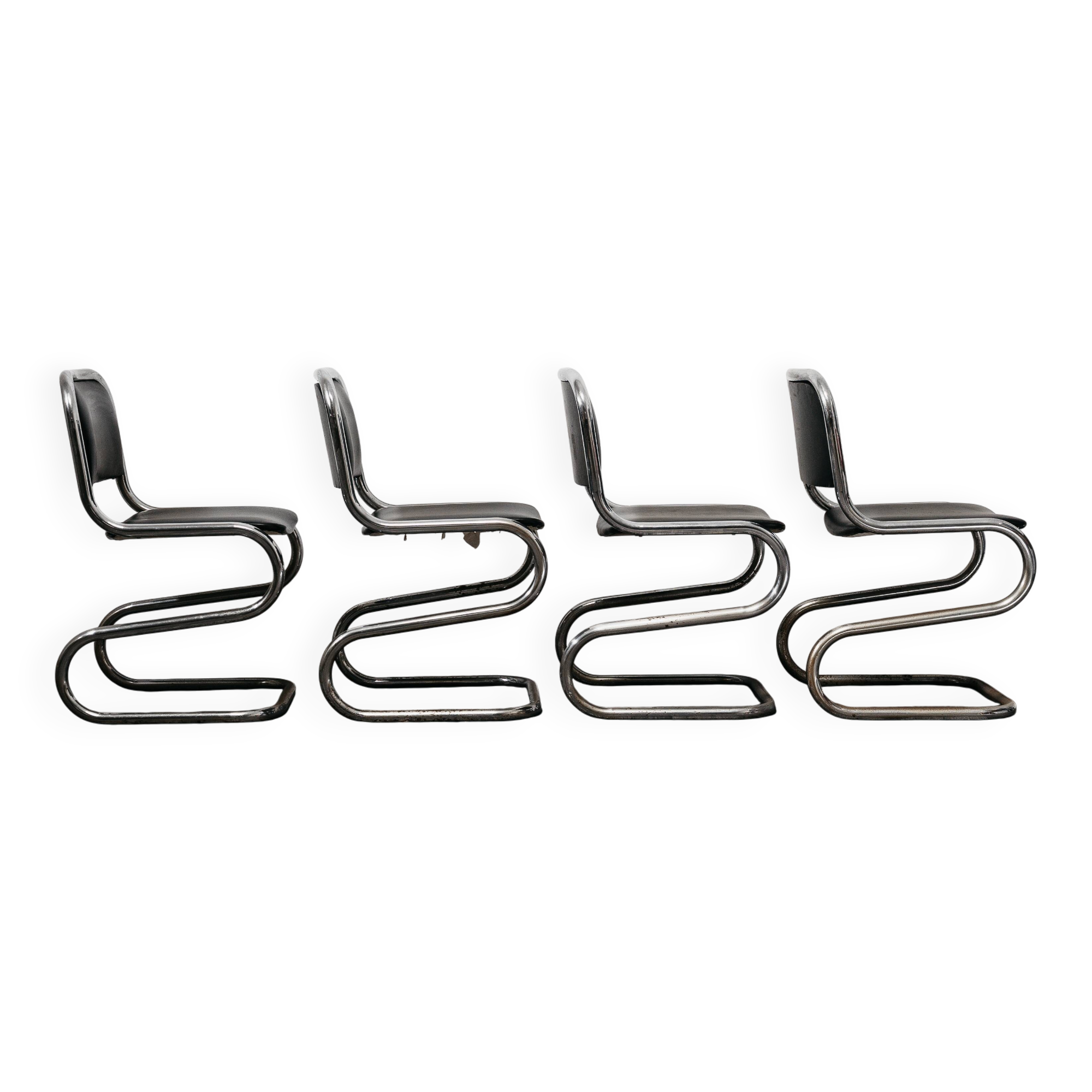 Set of 4 chrome steel rocking chairs, vintage modern 80s design.