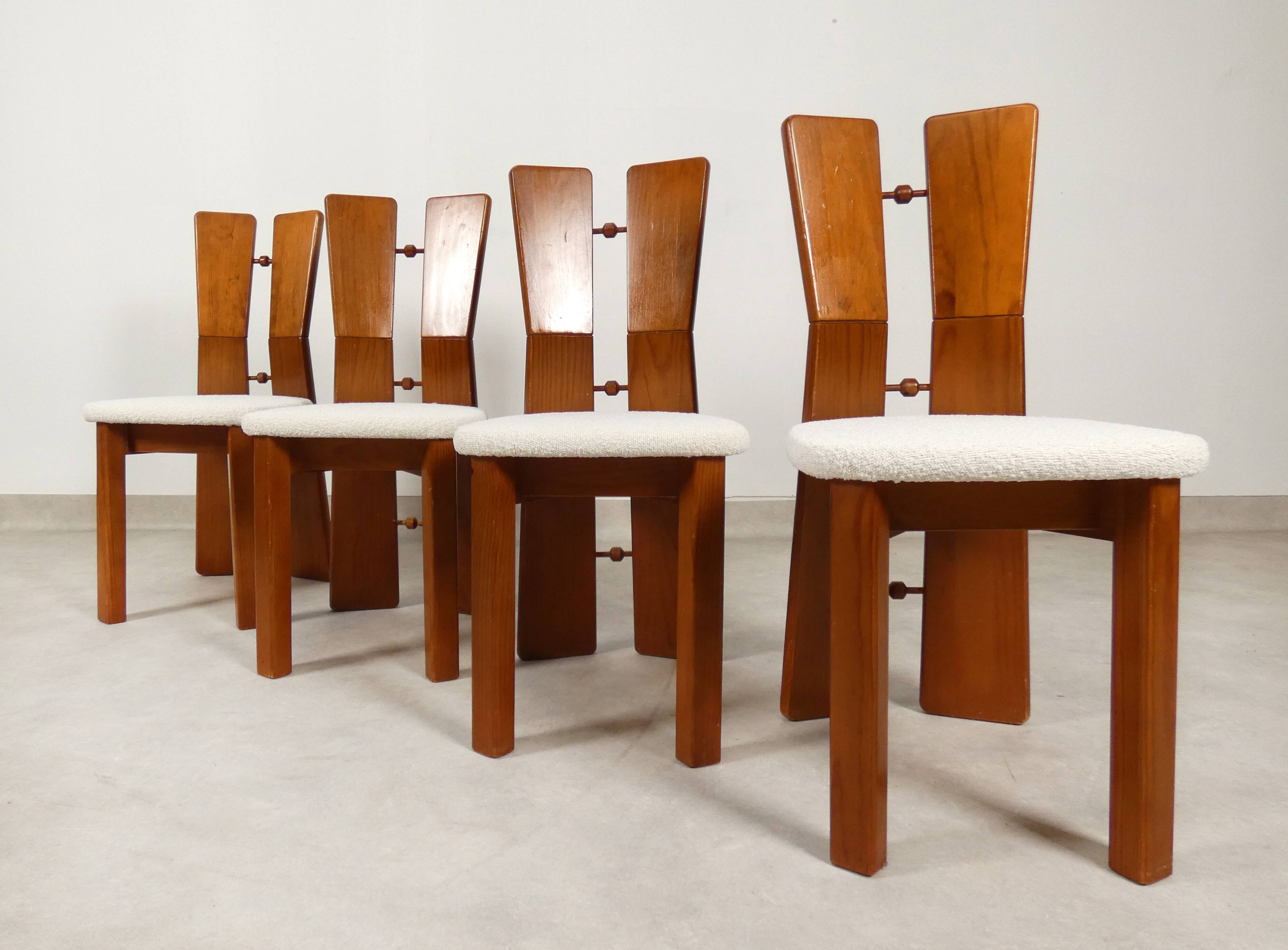 70's brutalist dining chairs in oak with bouclé fabric