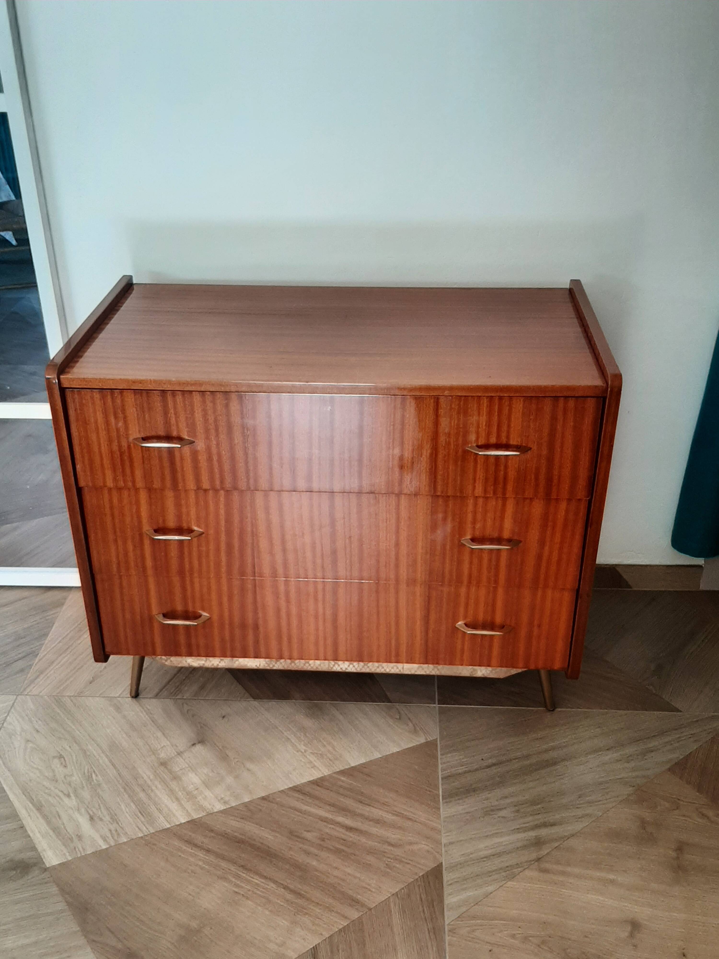 Vintage chest of drawers 3 drawers - varnished teak - Scandinavian style - retro patterns - 60s
