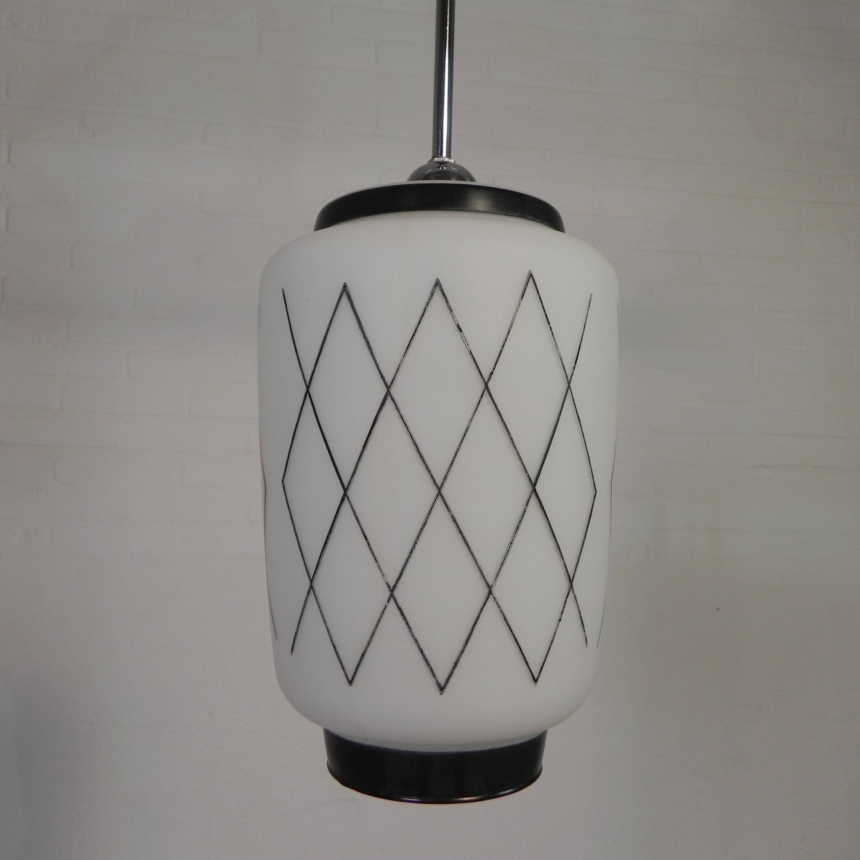 Vintage suspension with opaline lampshade and black decoration, 1950s.