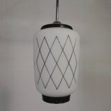 Vintage suspension with opaline lampshade and black decoration, 1950s.