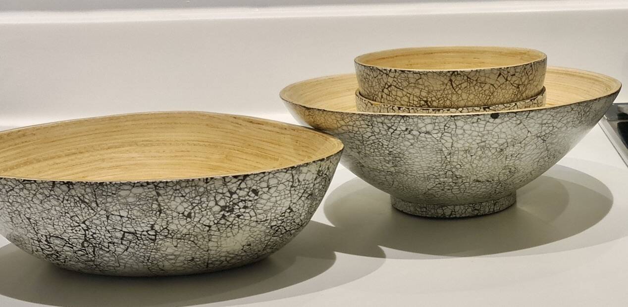 Set of 4 hand-painted bamboo salad bowls
