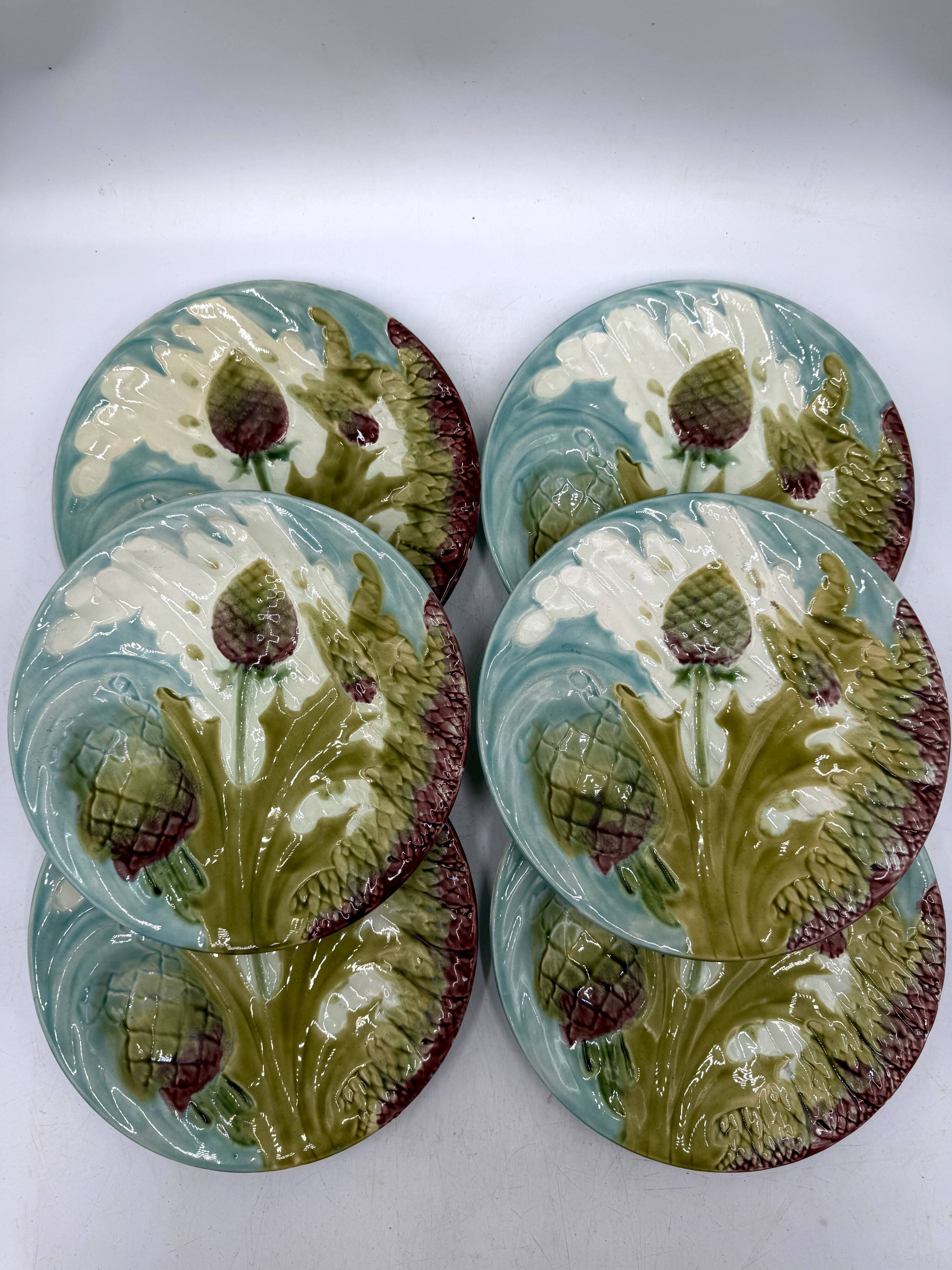6 19th century plates in Luneville barbotine, asparagus or artichoke