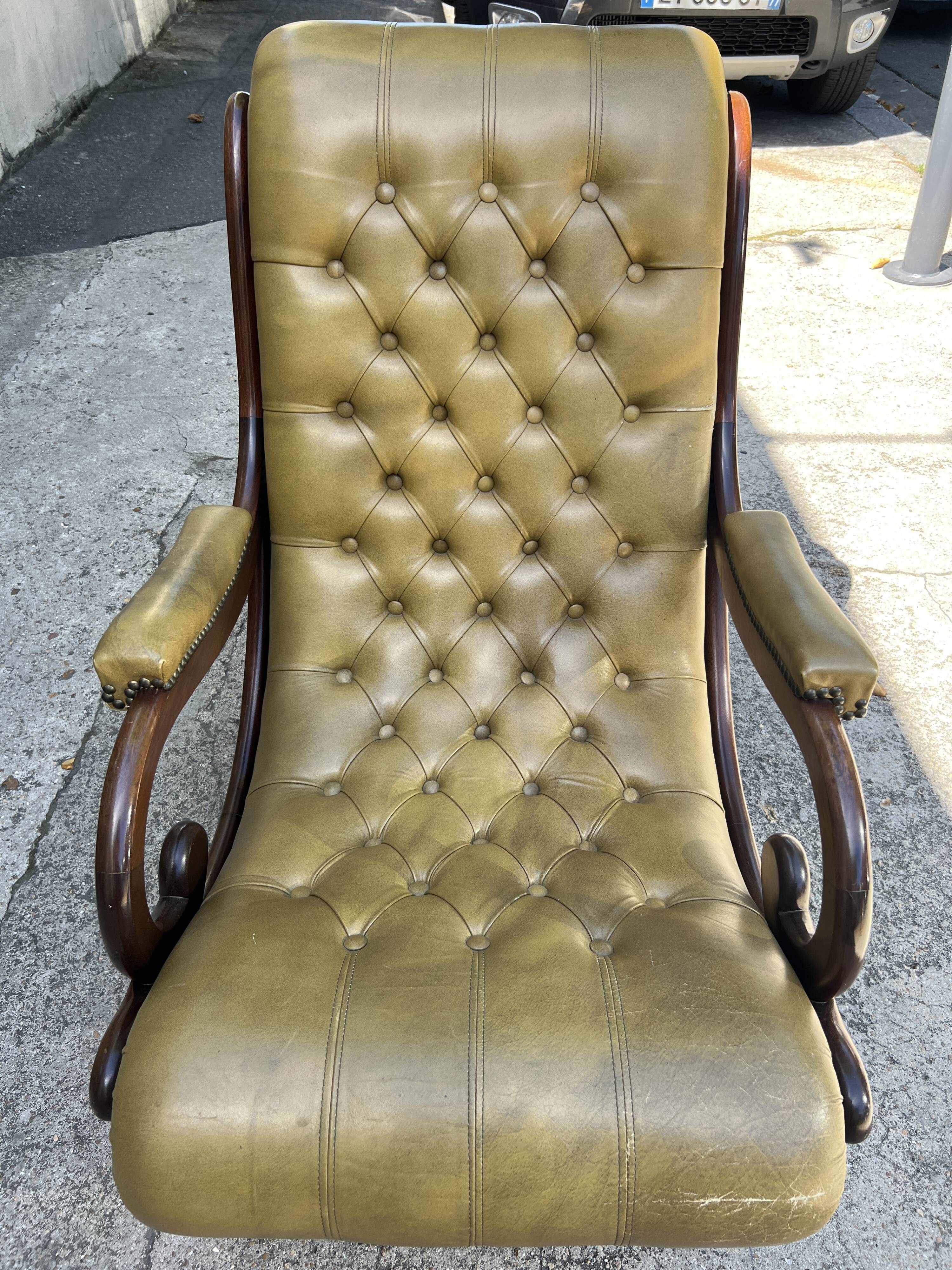 Victoria style green leather chesterfield armchair