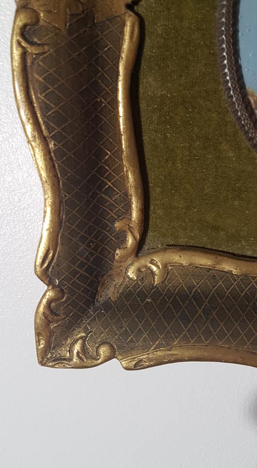 Rectangular frame in gilded wood, green velvet background with domed plastic glass