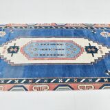 Tapis Vintage Géométrique Bleu et Rose Fait Main – Style Oriental,128x265Cm