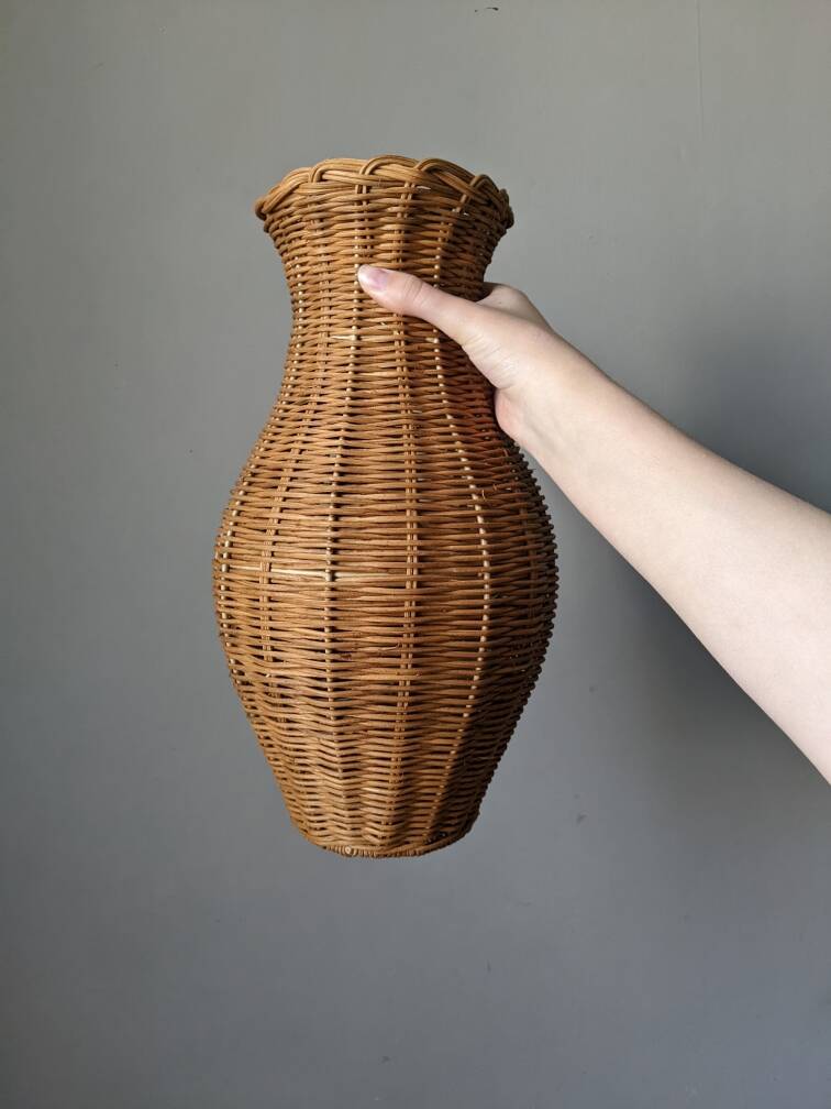 Second-hand woven wicker vase, handmade in the Bohemian countryside