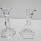 old pair of carved crystal candle holders, hexagonal foot