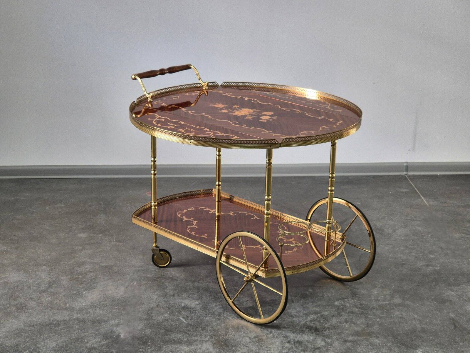 1970s drinks bar cart with side flaps in marquetry