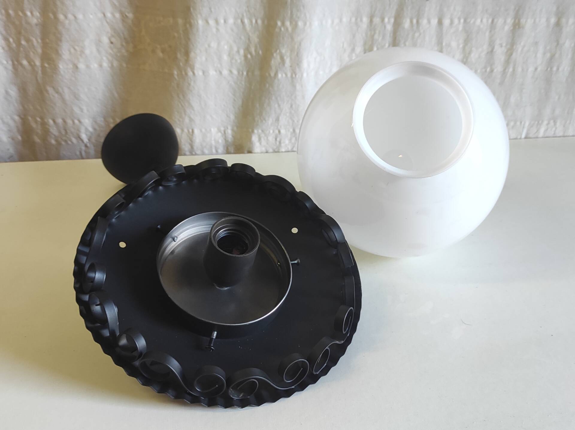 Metal lantern suspension and opaline globe by Delmas - mid 20th century.