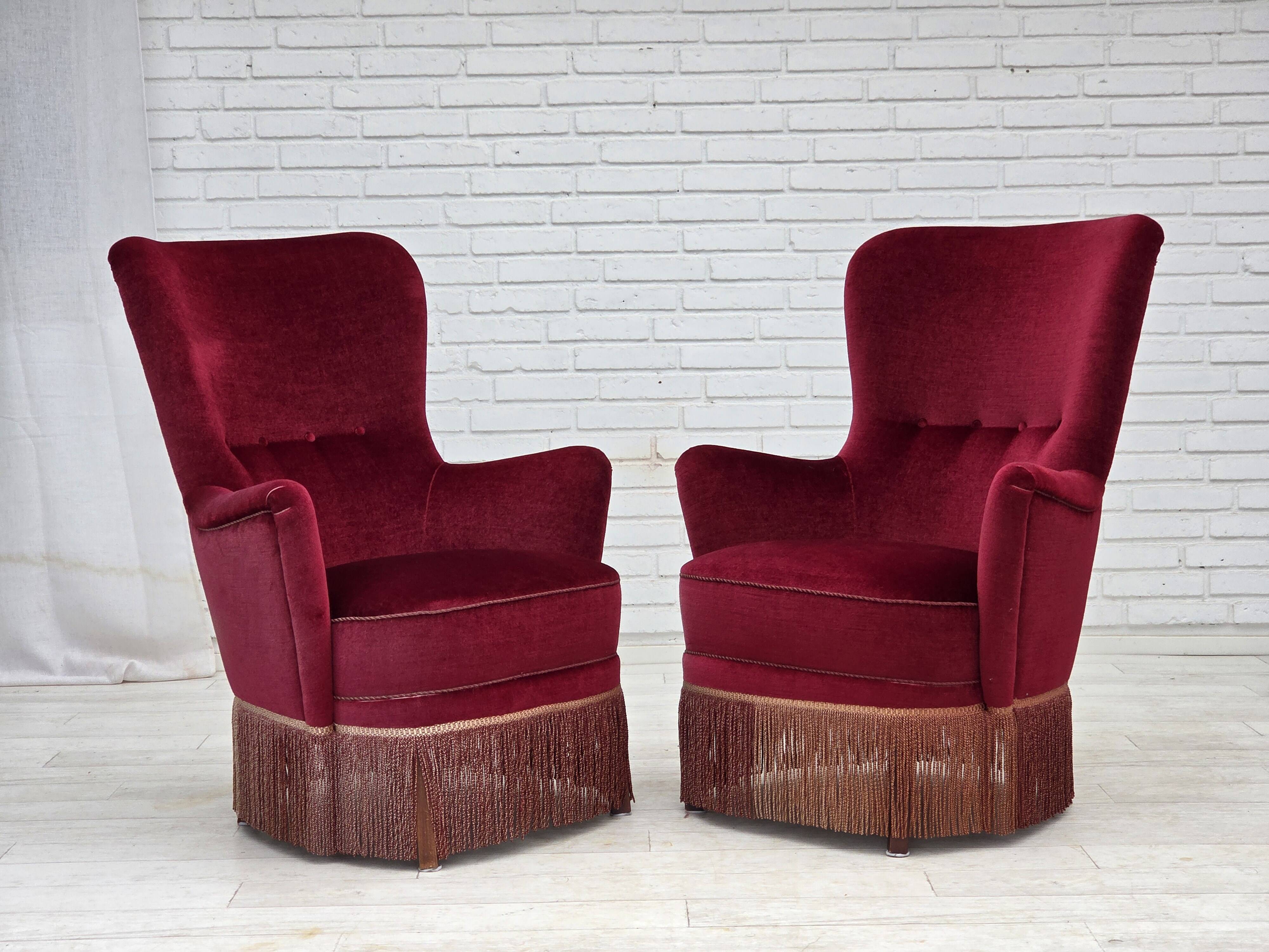 1970s, Danish highback armchair, red furniture velour, beech wood.