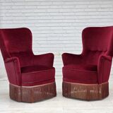 1970s, Danish highback armchair, red furniture velour, beech wood.