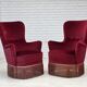 1970s, Danish highback armchair, red furniture velour, beech wood.