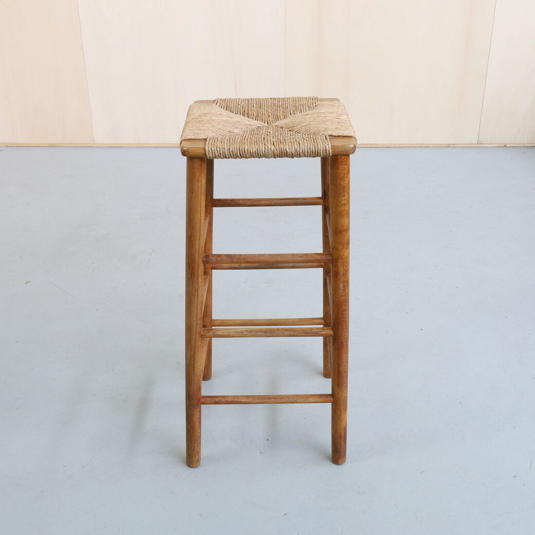 Brutalist barstools in wood and rush, 1970s, set of 4