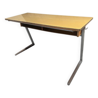 Large 2-seater school desk in wood and iron, vintage 1960s-1970s