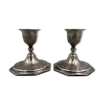 Pair of persian candle holders silver nineteenth grave decor birds poincons 84