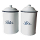Pair of old large enameled sheet metal condiment pots