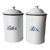 Paire d'anciens pots à condiments en tôle émaillée