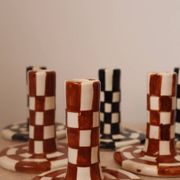 Modern Handmade Black and White Checkered Candlestick Holder