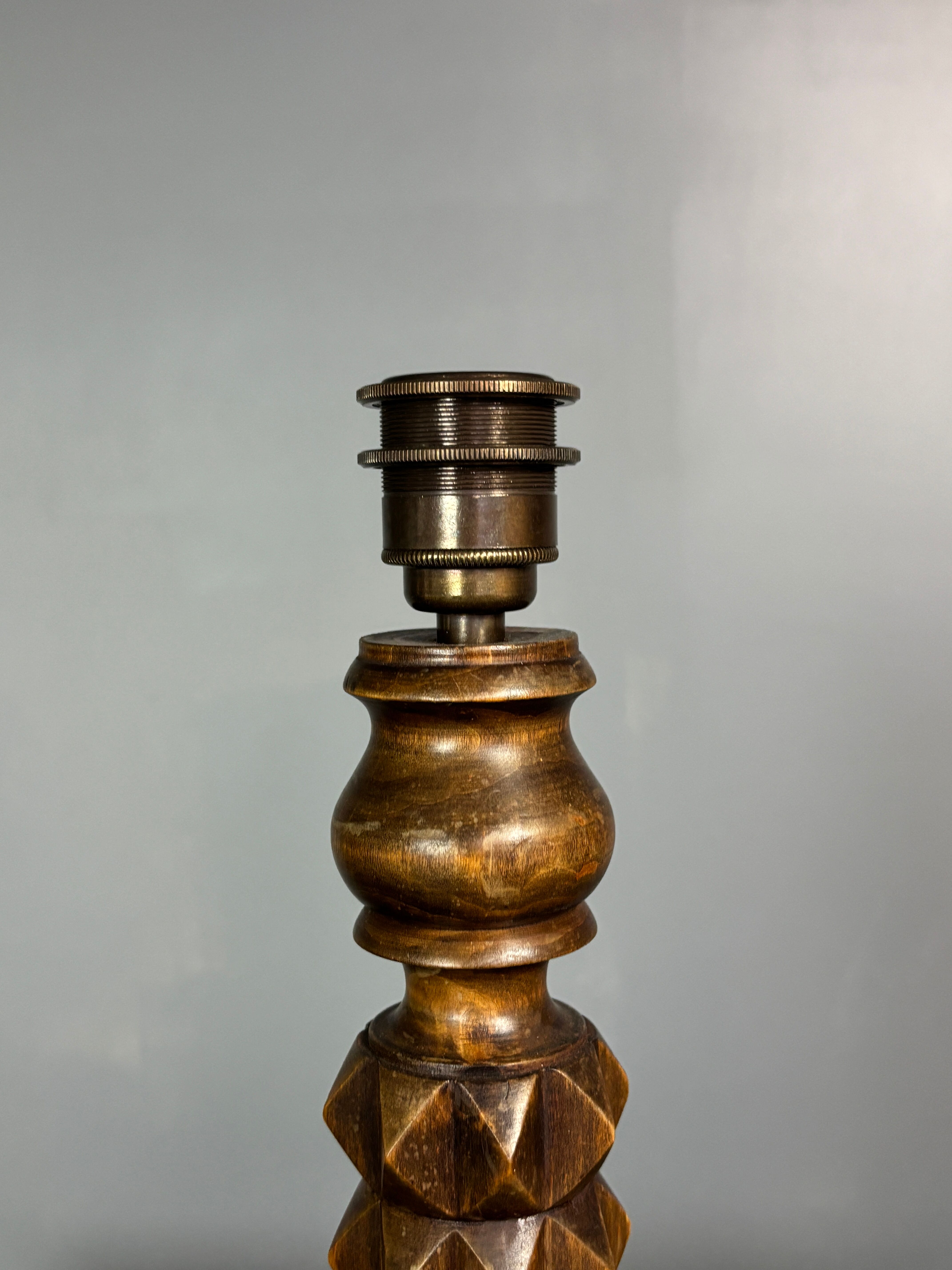 Brutalist Wood Turned Table Lamp in the style of Charles Dudouyt, 1950s