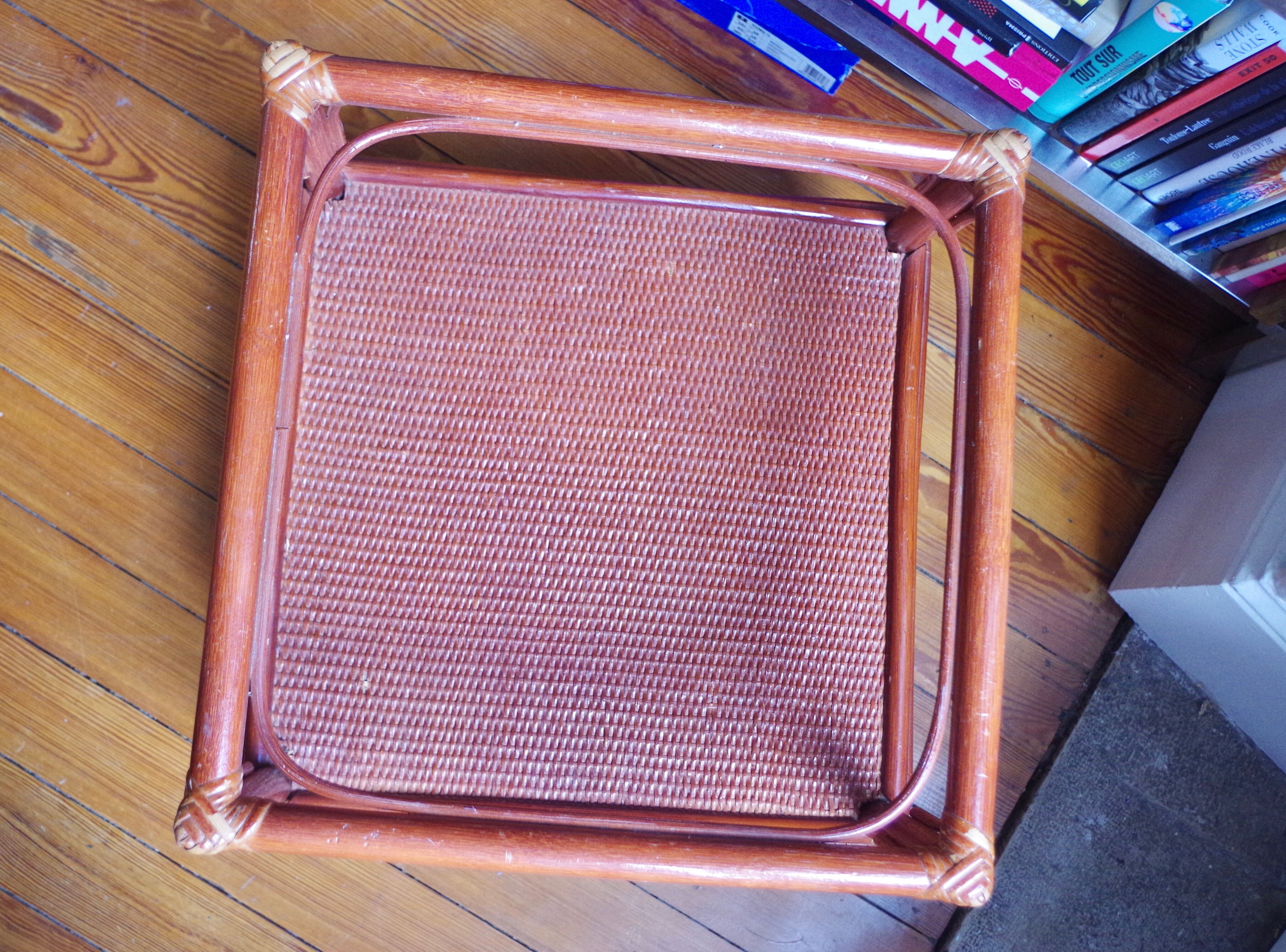 Varnished rattan coffee table and smoked glass top