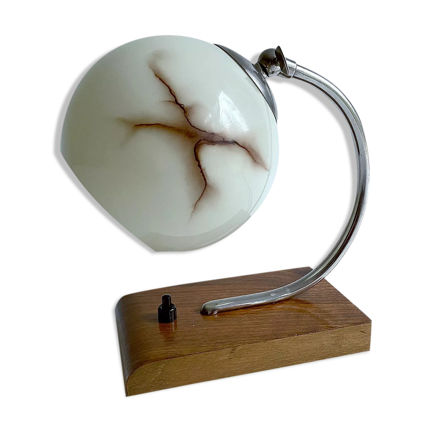 Lampe de table art deco bauhaus, vintage, années 30, bois opaline
