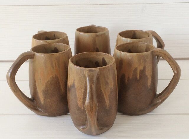 Lot 6 sandstone mugs varnished vintage 50s
