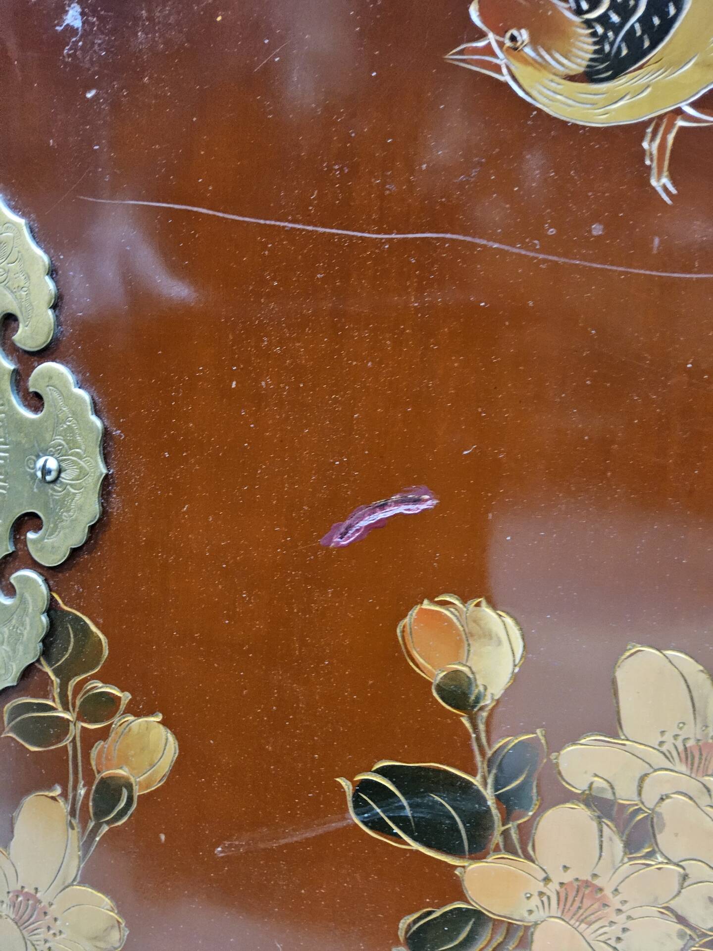 Vintage Chinese red and gold cabinet with flowers and birds (lacquer cabinet)
