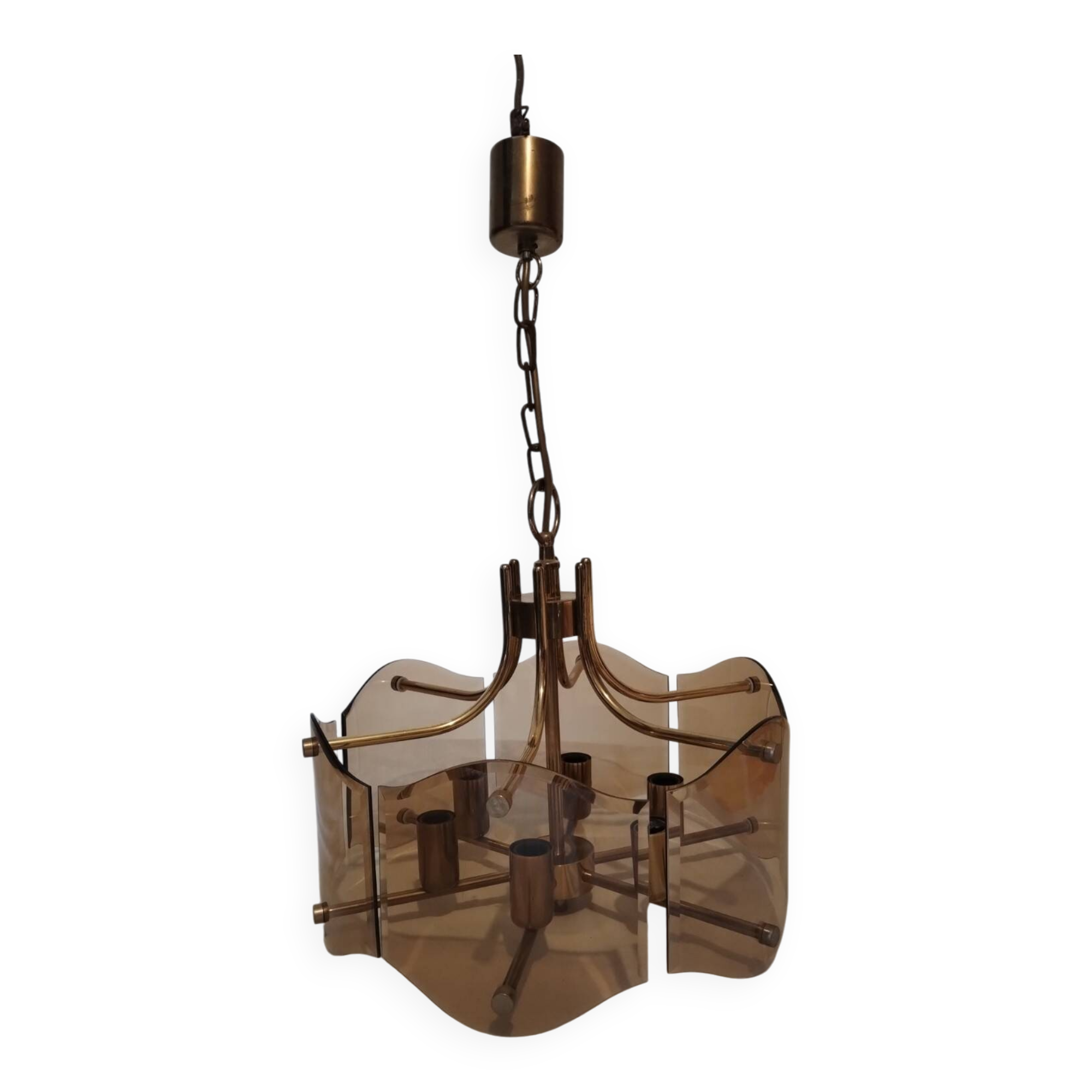 Vintage brass and smoked glass chandelier