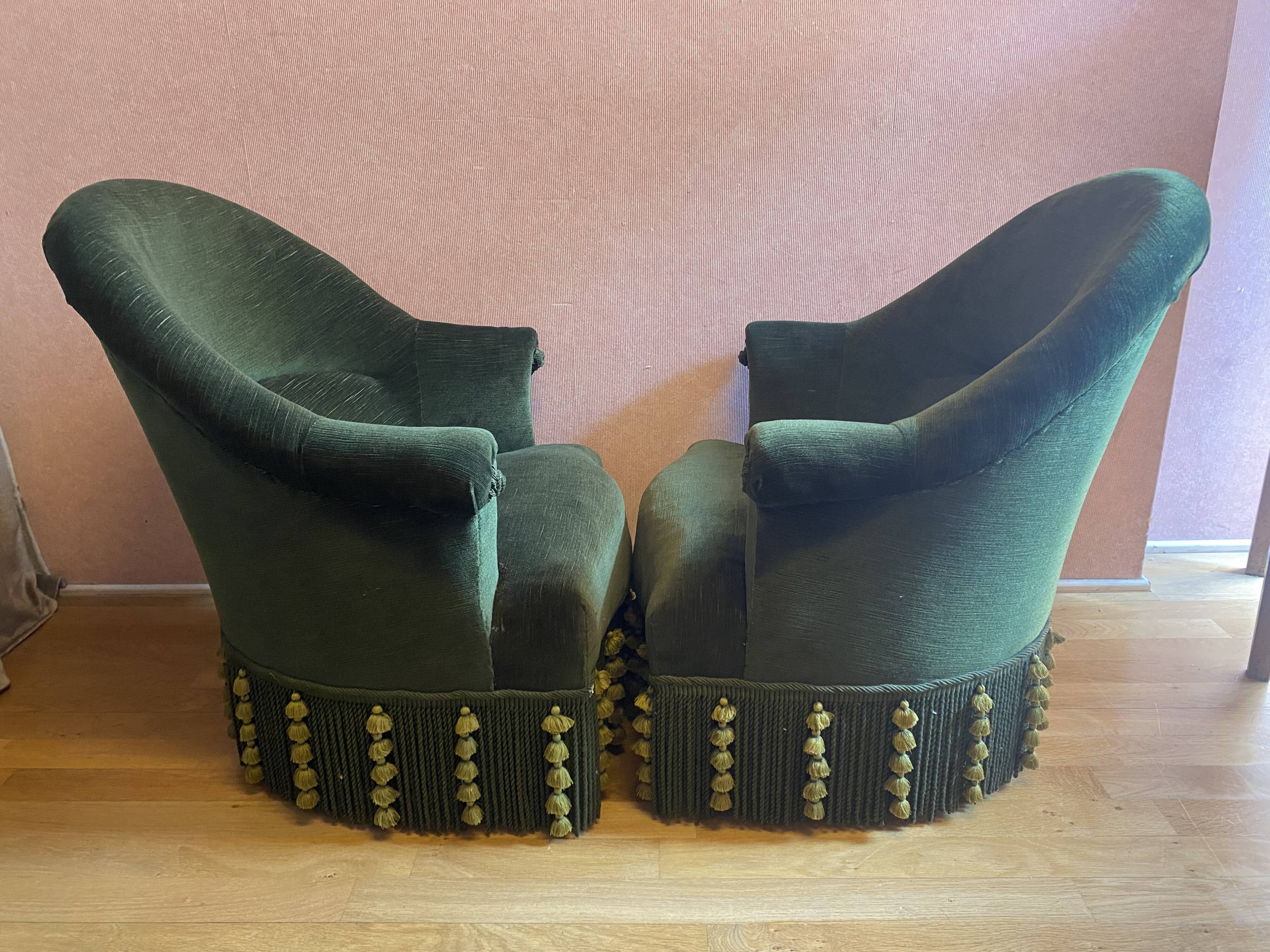 Pair of toad armchairs, duck green