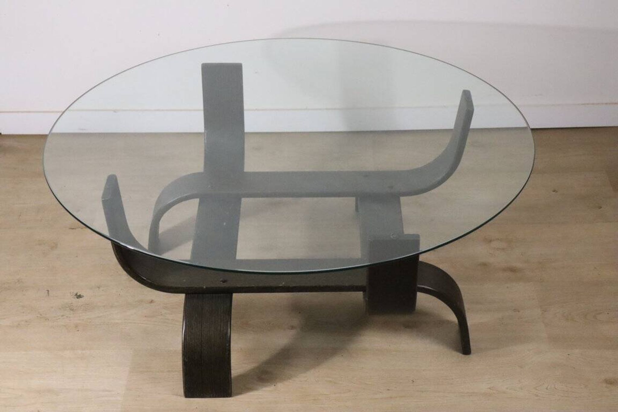 Vintage Fubo coffee table – curved wood & smoked glass – 1970s