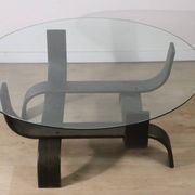 Vintage Fubo coffee table – curved wood & smoked glass – 1970s