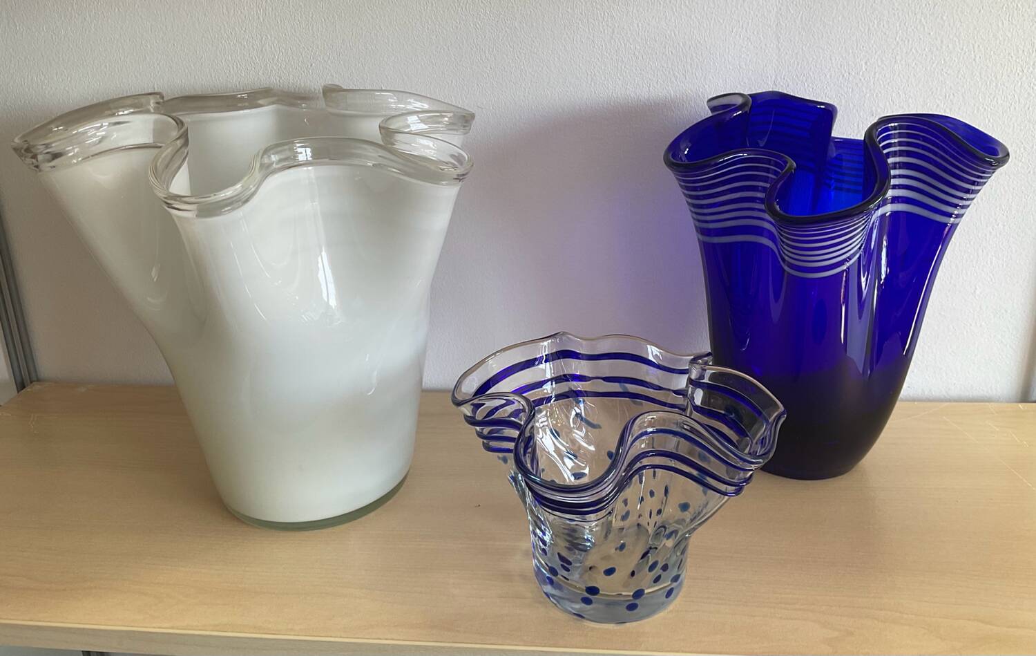 Trio of vintage blown glass handkerchief vases