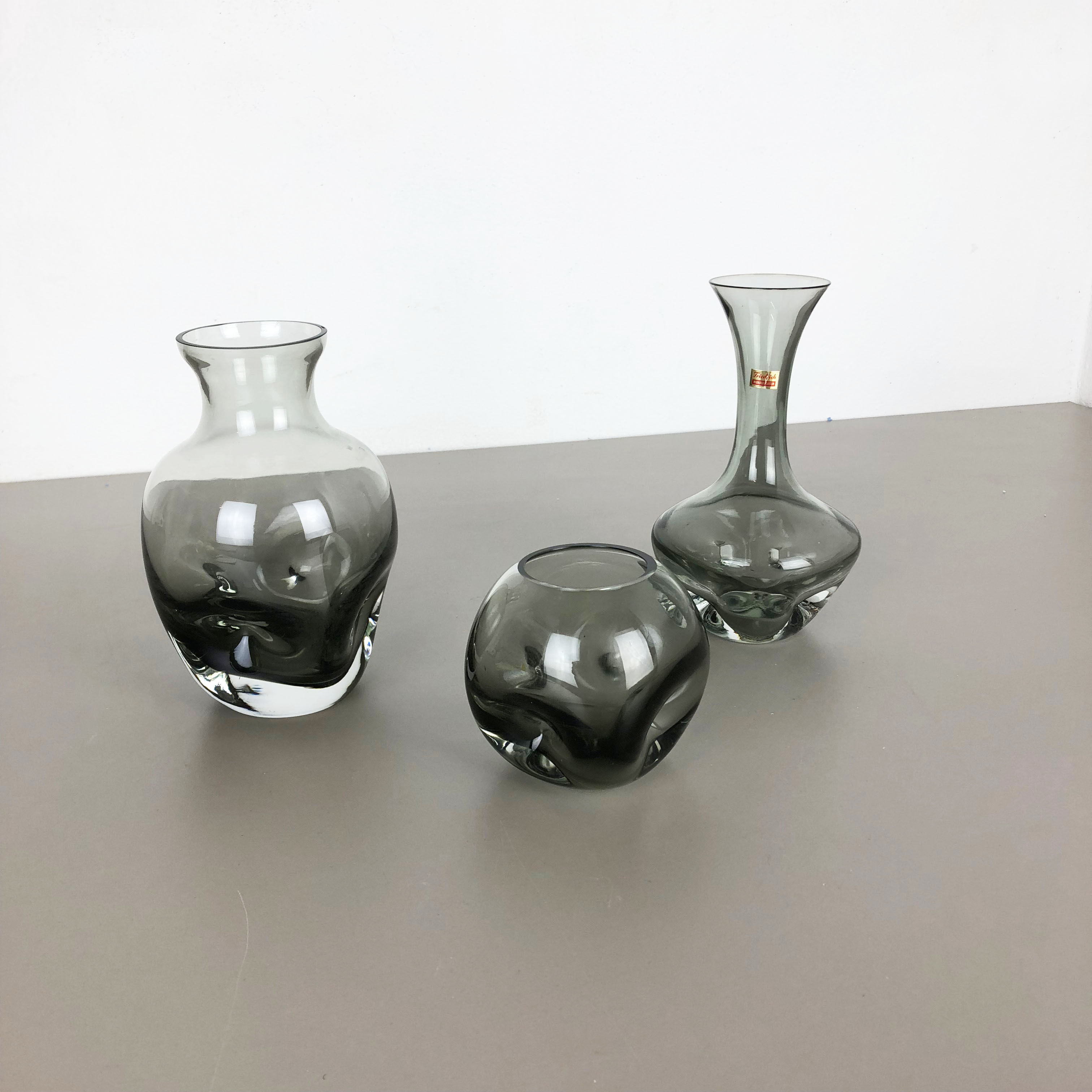 Set of 3 cubic hand blown crystal glass vase by Friedrich Kristall Germany 1970s