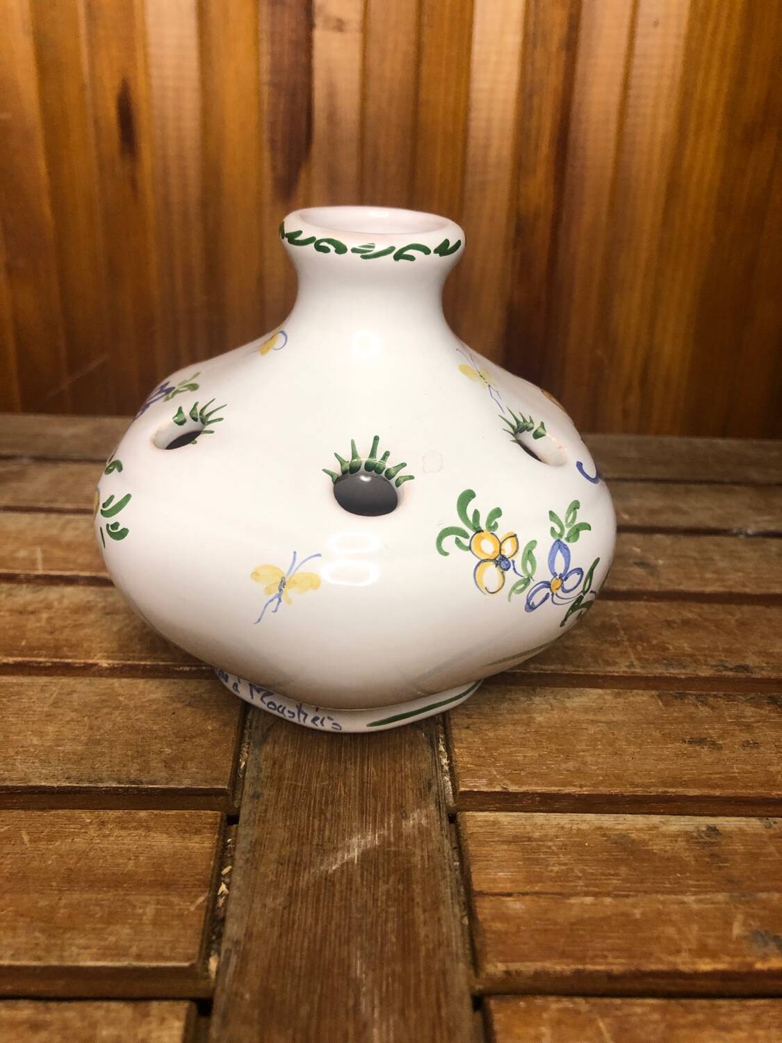 Old moustiers flower stick vase vintage painted white ceramic