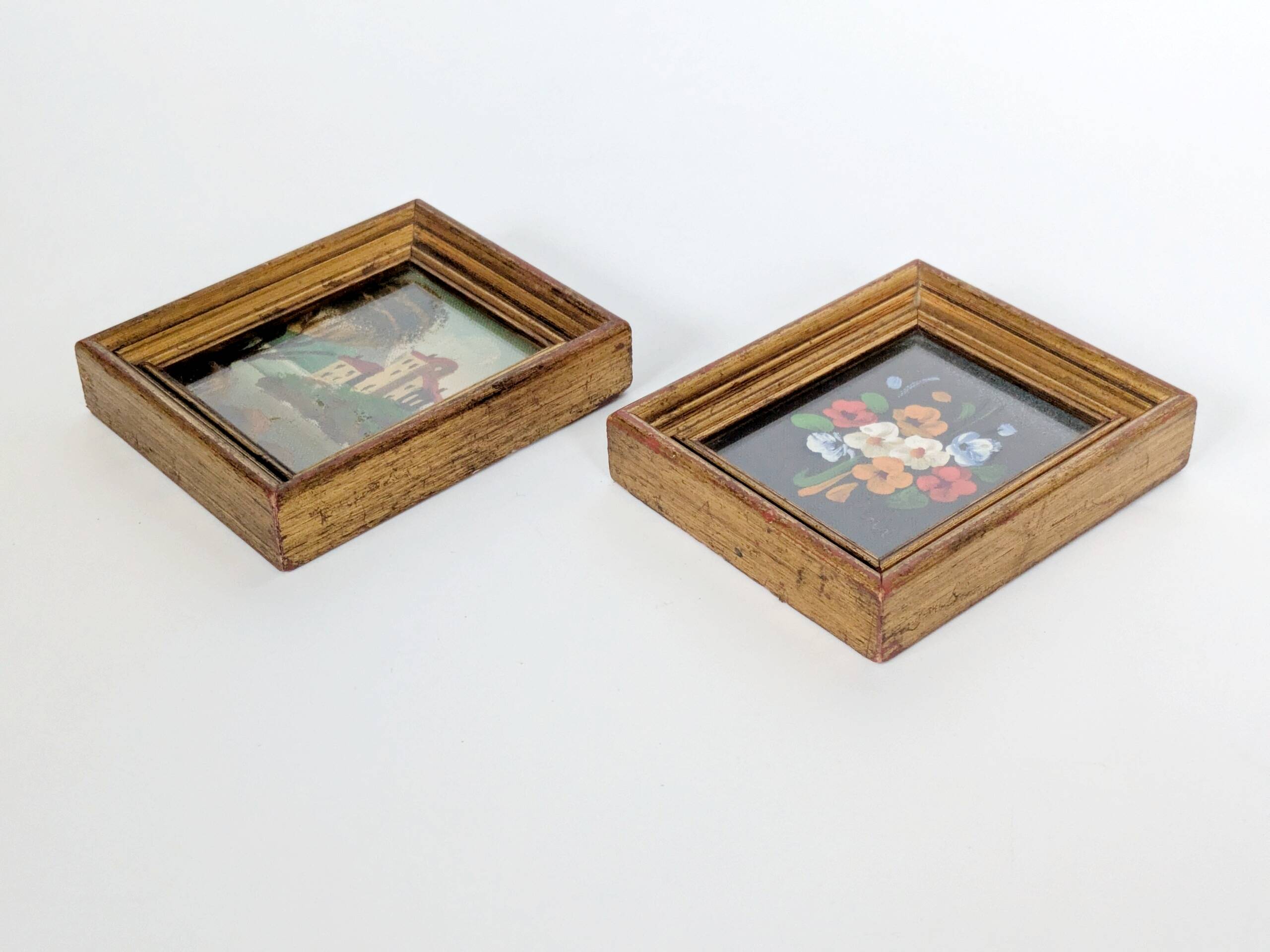 Pair of small Italian oil paintings, flowers and landscape.