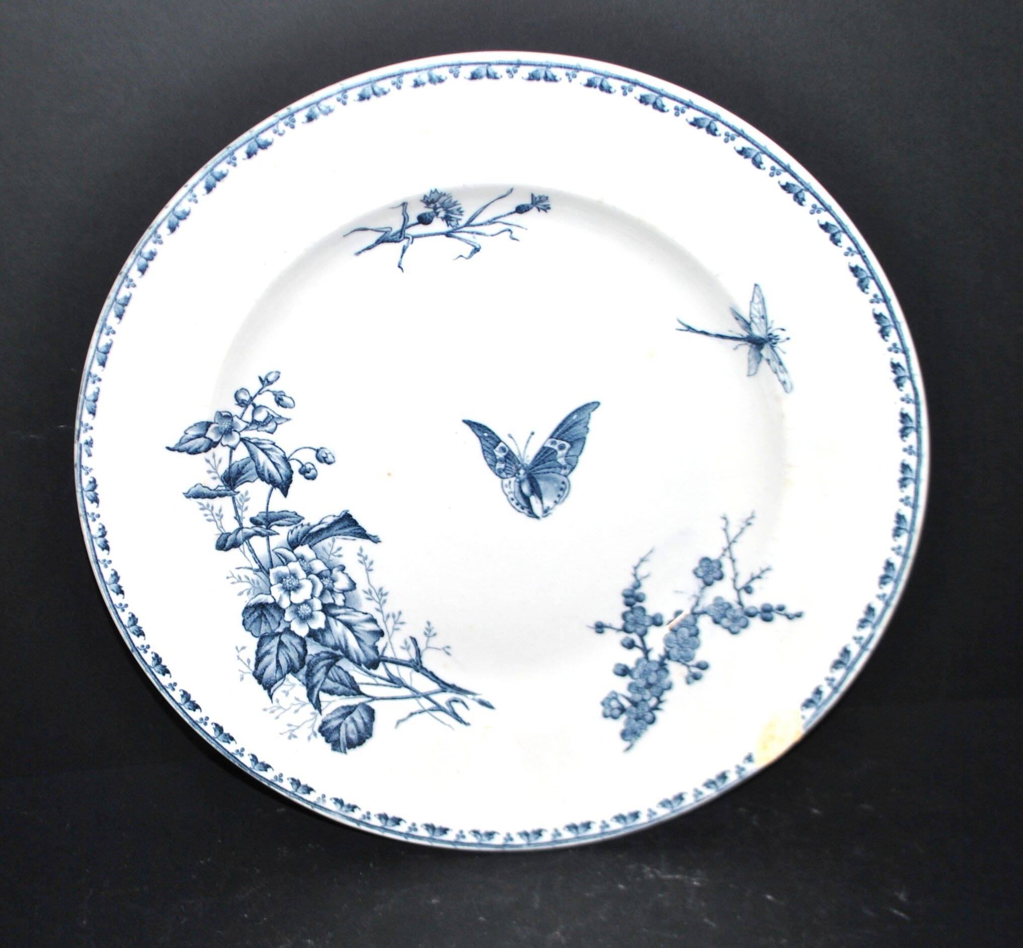 Sarreguemines round plate CARMEN blue butterfly dragonfly earthenware ironstone