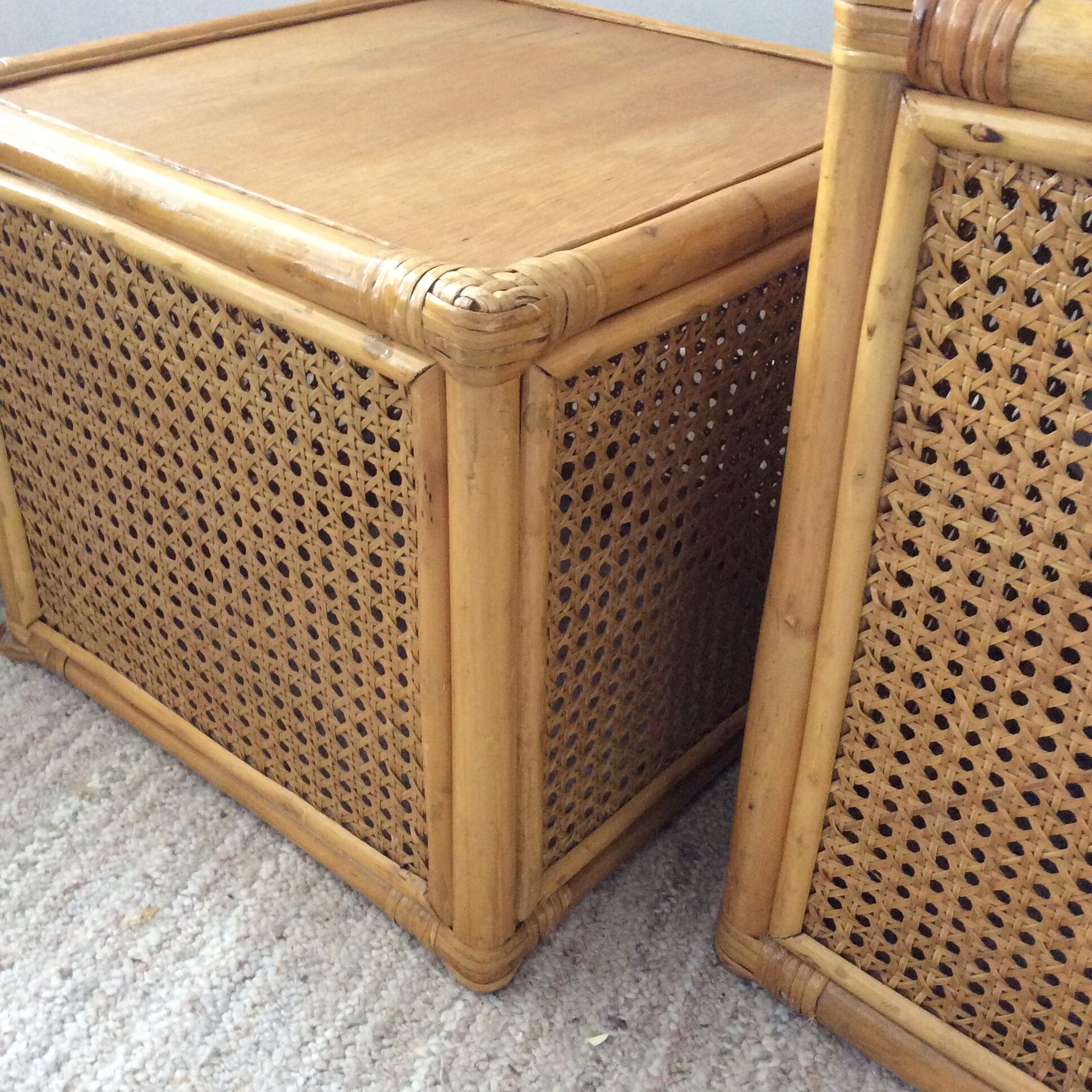 Trio of vintage tables in canning and rattan