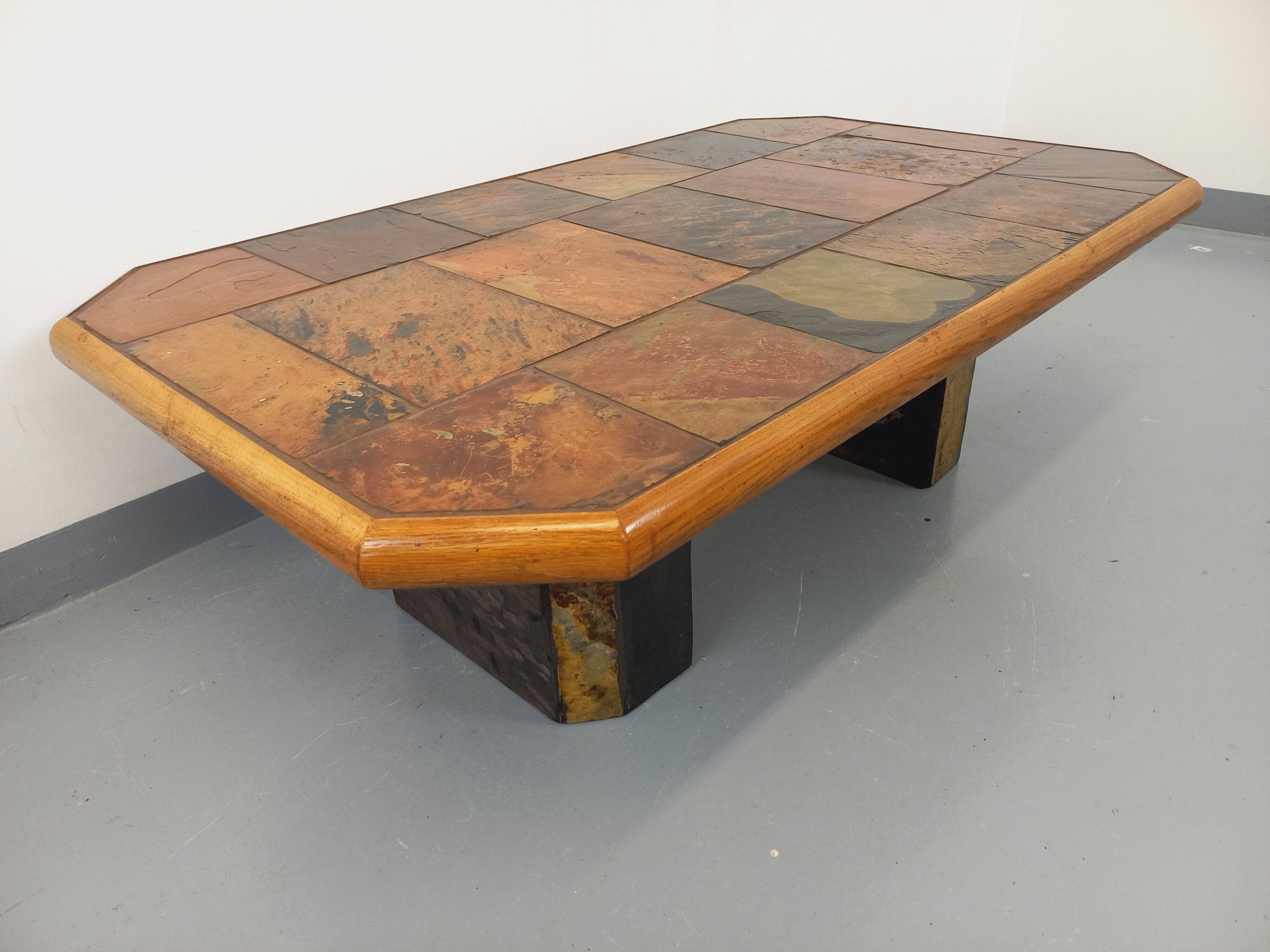 Vintage Brutalist Stone and Oak Coffee Table from the 70s 80s