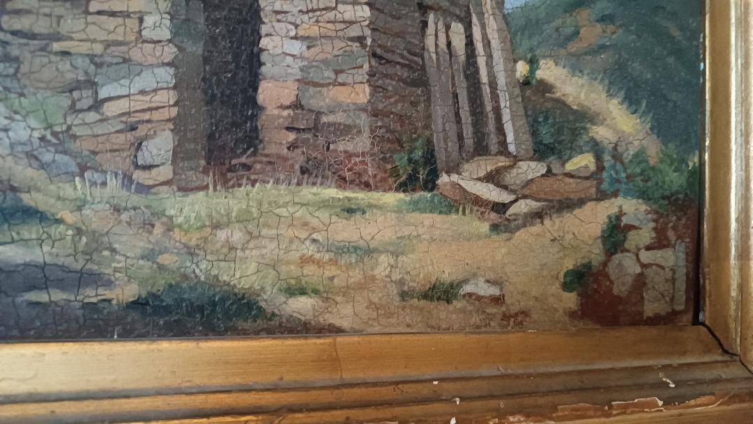 peinture de paysage à l'huile sur carton, cadre ancien du début des années