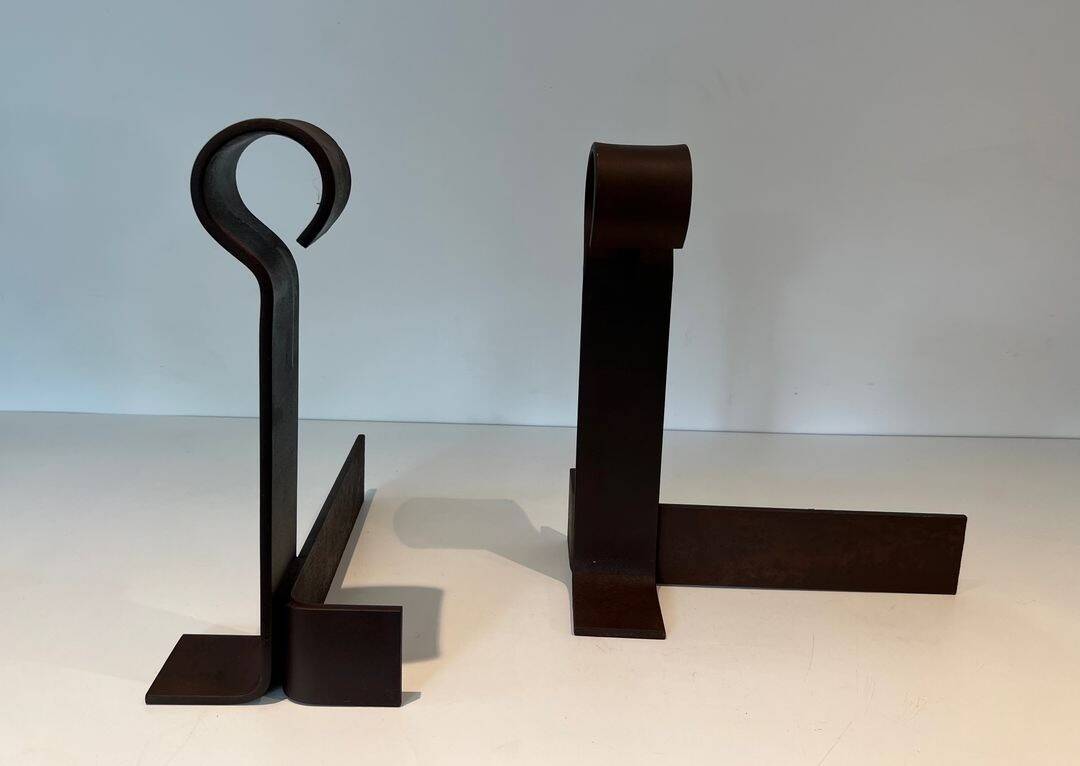 Important Pair of Modernist Wrought Iron Andirons with Ring Finials