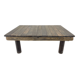 Table basse industrielle vintage en bois et en fer des années 1950
