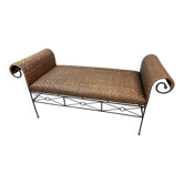 Rattan and wrought iron bench